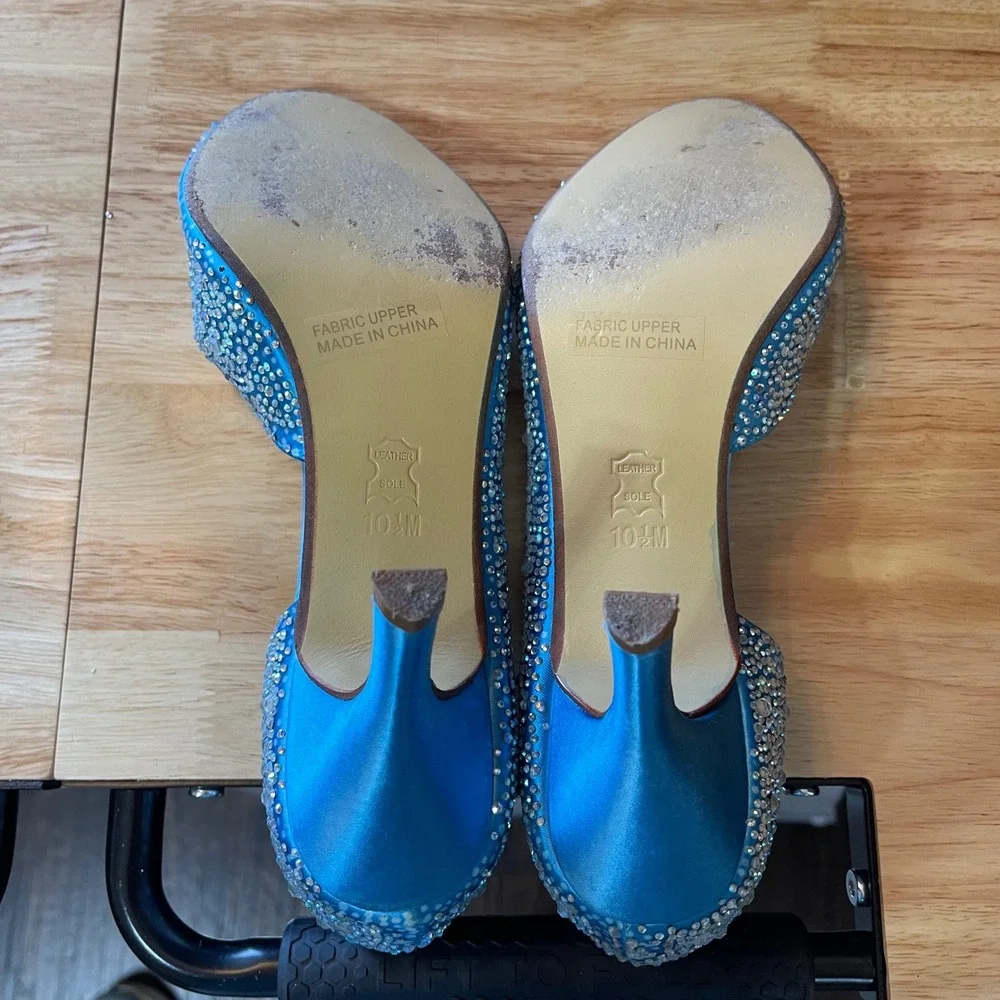 Touch Ups Blue Satin Rhinestone Peep Toe d'Orsay Kitten Heels Womens 10.5M